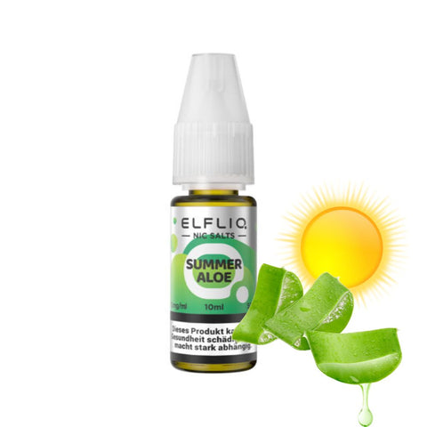 ELFLIQ Summer Aloe e-liquid in a 10ml bottle with aloe vera and sun graphic for vaping enthusiasts.