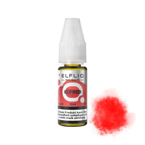 ELFLIQ ELFRED e-liquid in 10ml bottle with vibrant red flavor, offering rich nicotine salt options for vapers.