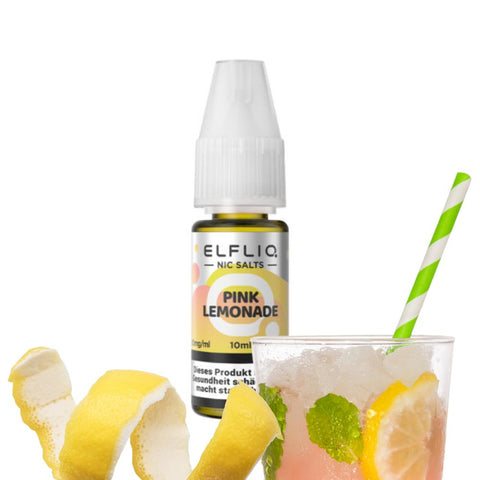 ELFLIQ Pink Lemonade e-liquid 10ml with a refreshing drink and lemon peels