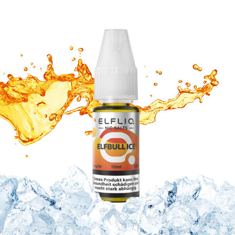 ELFLIQ E-Liquid ELFBULL ICE in 10 ml bottle with icy splash background for vapers.