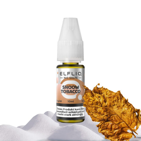 ELFLIQ Snow Tobacco E-Liquid 10ml bottle with tobacco leaf on snow background.