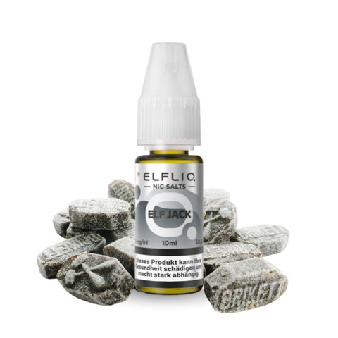 ELFLIQ ELF JACK Nic Salts 10ml bottle with candy pieces, offering rich Elfbar flavors for vapers.