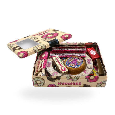 Monkey King Try - Kit Metal Box mit buntem Donut-Design, komplett mit Rolling-Essentials und praktischem Zubehör.