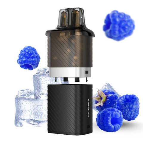 VOZOL Vista Plug Pod & Refill-Tank in black with ice and raspberries, showcasing vape system and 12 ml capacity.