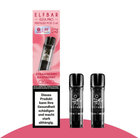 Elf Bar ELFA PRO Pods 2 ml in Strawberry Raspberry flavor, pack of 2, prefilled, 20 mg/ml Nicotine, vibrant packaging.
