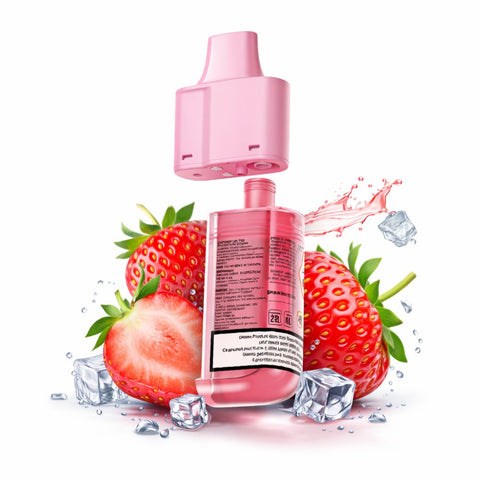 LOST MARY LUX 7000 Pods Refill mit Erdbeere und Eiswürfeln, pinker Pod auf frischen Erdbeeren.