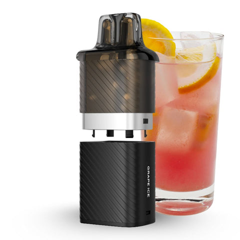 VOZOL Vista Plug Pod next to a refreshing beverage, showcasing the 12 ml refillable system with grape ice flavor.