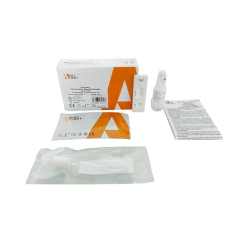 Alltest THC Speichel-Schnelltest-Kit mit Anleitung, Testkassette und Zubehör für sicheren THC-Selbstcheck.