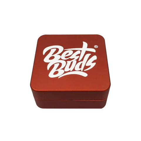 Best Buds Flat Square Grinder in stylish red aluminum box, showcasing a modern design and logo.
