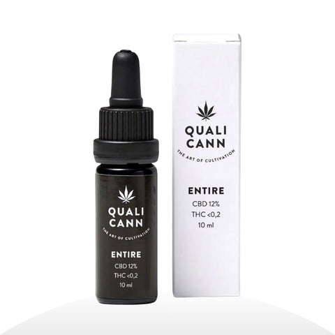 Qualicann - CBD ÖL ENTIRE 12% in einer schwarzen Flasche mit Pipette und Verpackung, 10 ml.