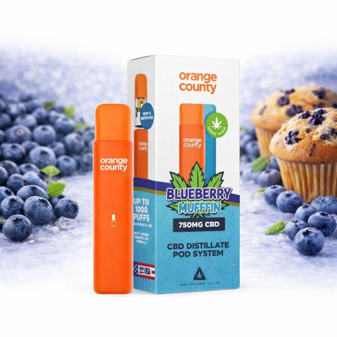 Orange County - CBD Vape Pen 1ml Pod 750mg mit Blueberry Muffin Geschmacksrichtung und Verpackung