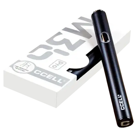 CCELL M3b Pro vape pen battery in sleek black design with packaging, ideal for customizable CBD vaping.