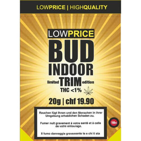 CBD Blüten Indoor Trim Limited Edition 20g package featuring low price and high quality, THC content less than 1%.