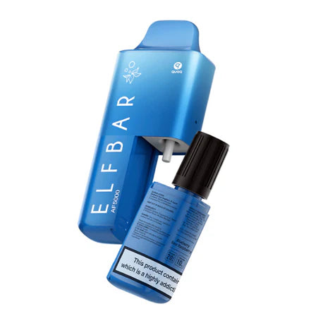 Elf Bar AF5000 Prefilled Kit in blue with 10ml E-Liquid bottle, designed for up to 5000 puffs.