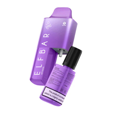 Elf Bar AF5000 Prefilled Kit in purple, featuring a refillable vape and E-Liquid bottle for 5000 puffs.