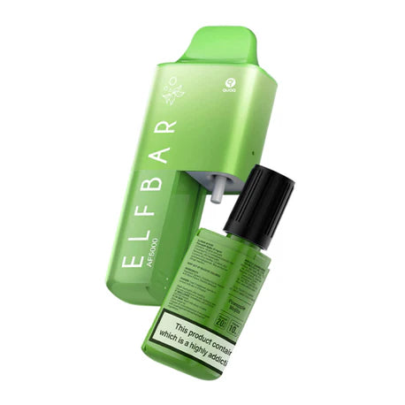 Elf Bar AF5000 prefilled kit featuring green vape device and E-liquid bottle, offering 5000 puffs and 20mg nicotine.