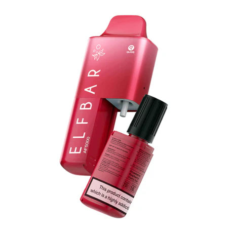 Elf Bar AF5000 Prefilled Kit in red with e-liquid bottle, ideal for up to 5000 puffs.