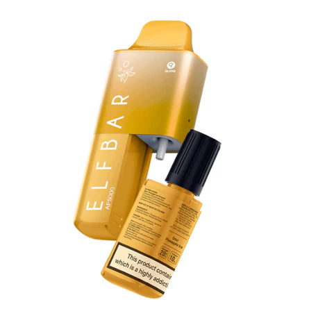 Elf Bar AF5000 Prefilled Kit - 20mg vape device in yellow with E-Liquid bottle, designed for up to 5000 puffs.