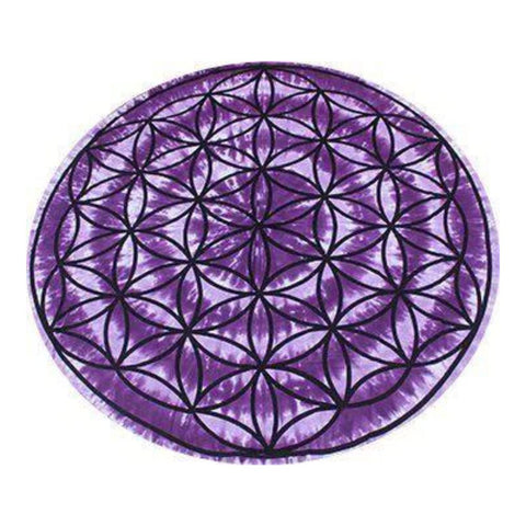 Runder Baumwoll-Wandteppich mit schwarzer Blume des Lebens auf violett gemustertem Hintergrund, Durchmesser 152 cm