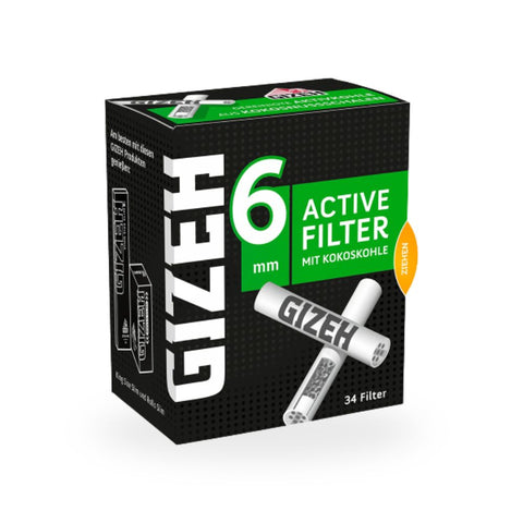 GIZEH Black Active Filter 6mm mit Aktivkohle, 34 Stück pro Packung. Slim-Format mit Keramikkappen. Jetzt bei Viweedy online bestellen.