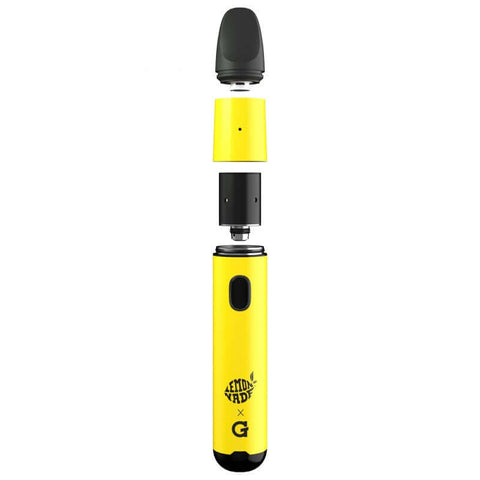 G Pen Micro+ Vape Pen Lemonade Edition disassembled view, highlighting its dual use for concentrates and cartridges.