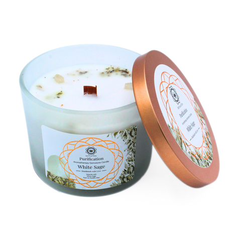 Green Tree Duftkerze Reinigung mit Weissem Salbei und dekorativen Edelsteinen. 256 g Duftkerze für Raumatmosphäre, Meditation und persönliche Rituale.