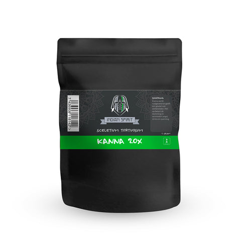 Indian Spirit Kanna 20x Extrakt Sceletium Tortuosum in a black resealable pouch, showcasing premium quality herbal extract.