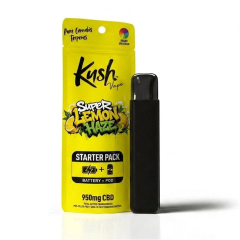 KUSH Super Lemon Haze CBD Vape Starter Pack mit vorbefülltem 1-ml-Pod, 950 mg CBD und wiederaufladbarem USB-Akku