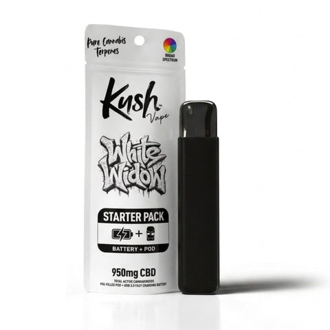 KUSH White Widow CBD Vape Starter Pack mit vorbefülltem 1-ml-Pod, 950 mg CBD und wiederaufladbarem USB-Akku