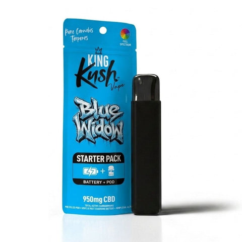 King Kush Blue Widow CBD Vape Starter Pack mit vorbefülltem 1-ml-Full-Spectrum-Pod, 950 mg CBD und wiederaufladbarem USB-Akku
