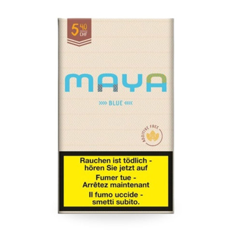 Maya Blue Tabak, 30-g-Packung mit blauem Streifendesign und Warnhinweis