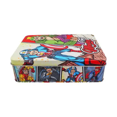 Large metal storage box featuring comic heroes design, perfect for organizing accessories and stylish storage.