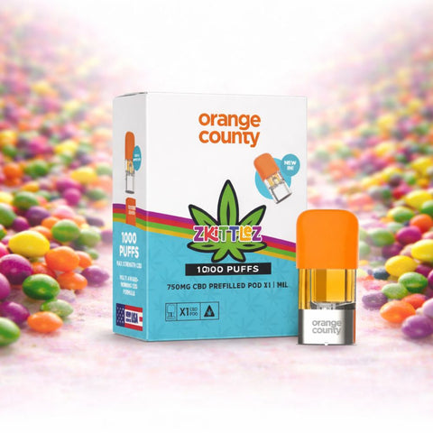 Orange County - CBD Prefilled Pod 1ml mit fruchtigem Zkittlez-Geschmack und 750mg CBD, gebrauchsfertig für 1000 Züge.