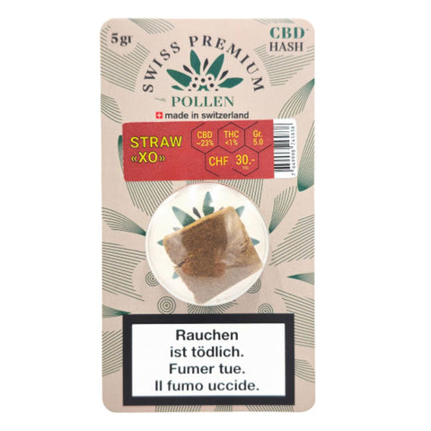 Swiss Premium Pollen Straw XO 5g packaging showcasing CBD content and Swiss quality.
