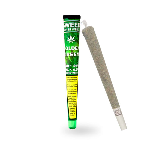 Sweed Pre-Rolled Golden Green, gebrauchsfertige CBD Pre Rolls in einem grünen Röhrchen.
