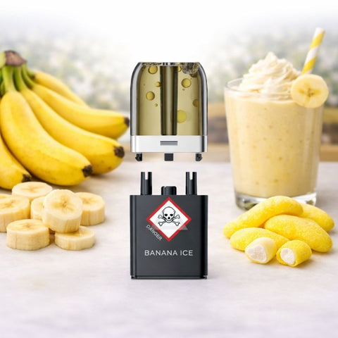 VOZOL - Neon Plug Max Pod Tank Pack & E-Liquid Container mit Banane und Getränk im Hintergrund.