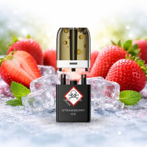 VOZOL - Neon Plug Max Pod Tank Pack & E-Liquid Container mit Erdbeereis und Eiswürfeln.