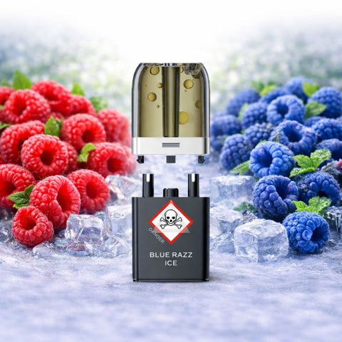 VOZOL - Neon Plug Max Pod Tank Pack & E-Liquid Container mit Beerenhintergrund und Eiswürfeln