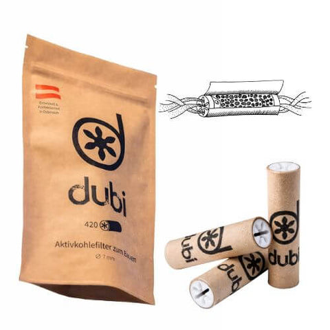 Dubi 420 Aktivkohlefilter im Sackerl mit 7 mm Durchmesser, ideal für sauberen Rauch und intensiven Geschmack.