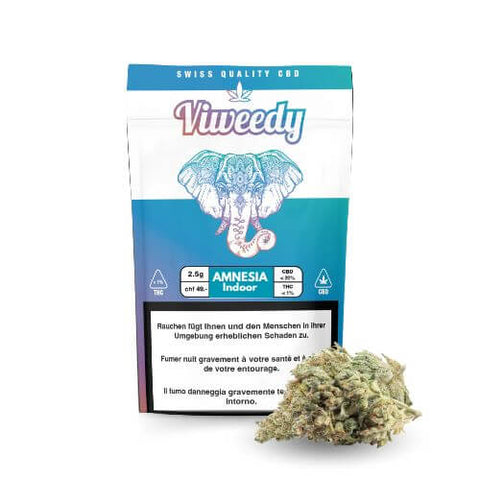 Viweedy CBD Blüten Amnesia Indoor, 2.5g Packung mit hochwertigem Indoor-Anbau, fruchtige Aromen.