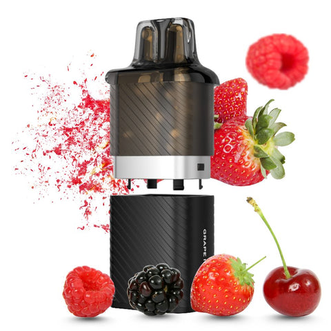 VOZOL Vista Plug Pod with refill tank surrounded by fresh berries and cherries, showcasing vibrant fruit flavors.