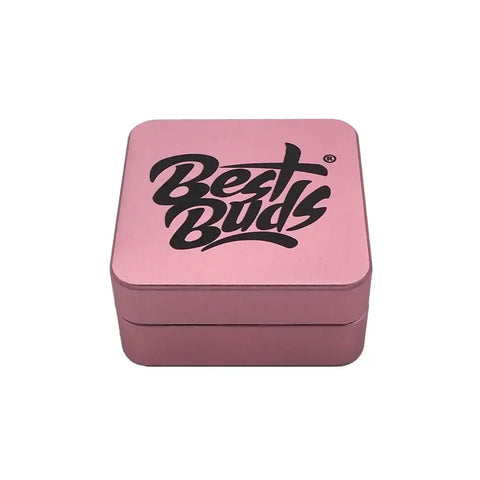 Best Buds pink square grinder box with logo, stylish design for compact storage.