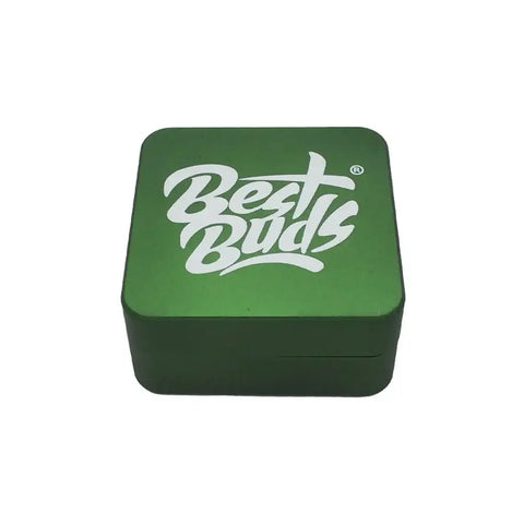 Best Buds flat square grinder in green with logo, stylish and compact design, ideal for efficient grinding.