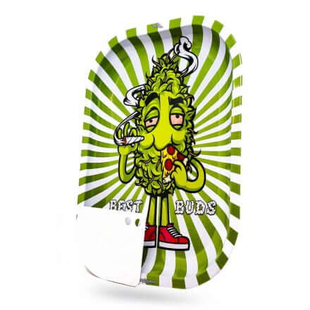 Best Buds large metal rolling tray with magnetic grinder card featuring vibrant design and playful character.