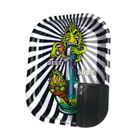 Best Buds Small Rolling Tray with Grinder-Card featuring vibrant design and sleek aluminum surface.
