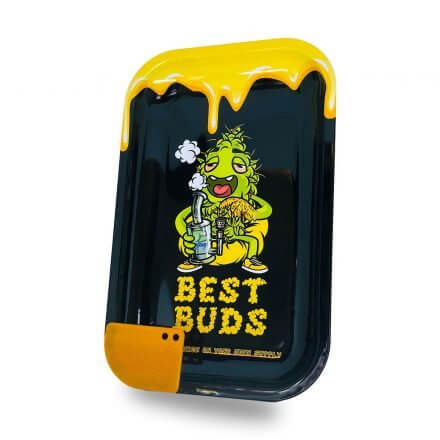 Best Buds large metal rolling tray with colorful design and magnetic grinder card for efficient use.