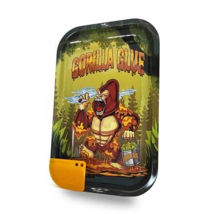 Stylish Gorilla Glue rolling tray with vibrant artwork and a functional orange grinder card for rolling sessions.