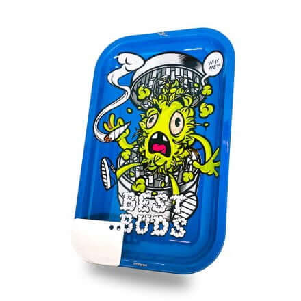 Best Buds large metal rolling tray featuring colorful cartoon design with cannabis theme.