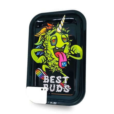 Best Buds large metal rolling tray with vibrant unicorn design and playful logo for stylish smoking sessions.