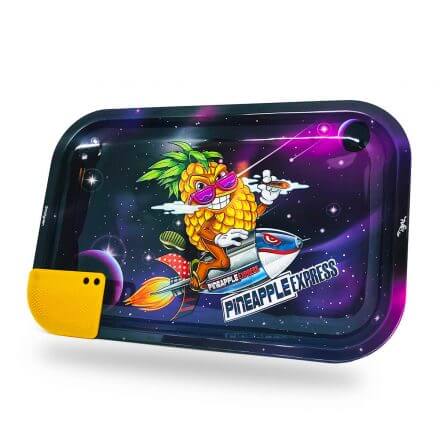 Vibrant Pineapple Express rolling tray with a colorful space design and yellow corner, ideal for rolling sessions.